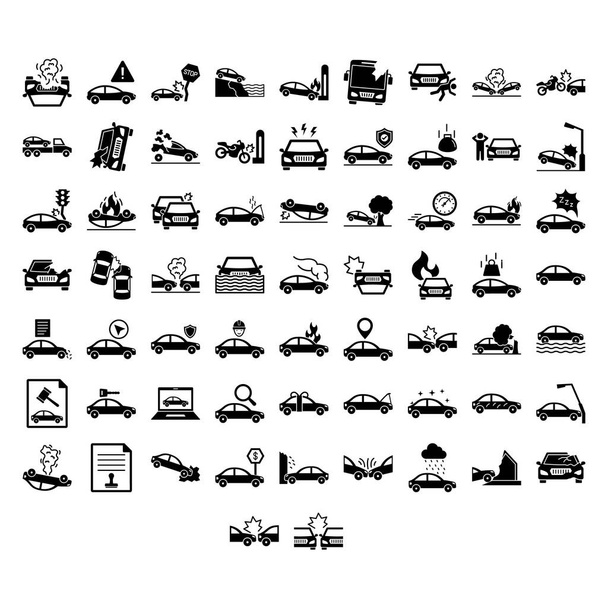 Wypadek samochodowy Odizolowany zestaw składający się z ubezpieczenia samochodu, palenia, kolizji, ruchu, wraku, aukcji i uszkodzenia silnika samochodu, każda ikona może być łatwo zmodyfikować lub edytować - Wektor, obraz
