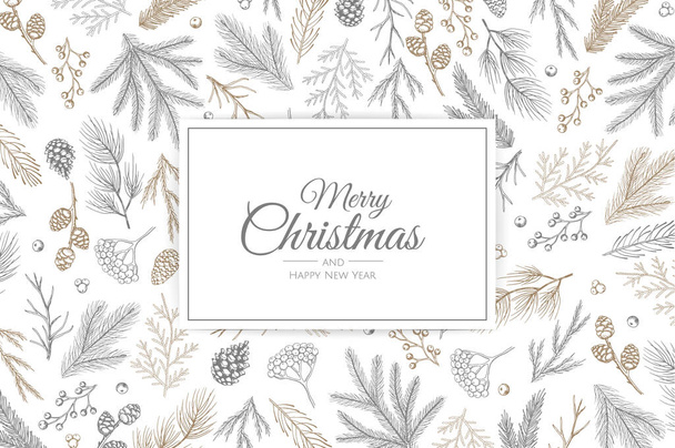 Merry Christmas greeting card with new years tree. Hand drawn design vector illustration. - Vector, Image