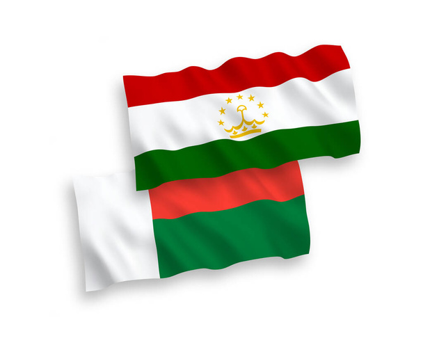 Bandeiras de onda de tecido vetorial nacional do Tajiquistão e Madagascar isoladas em fundo branco. Proporção de 1 a 2. - Vetor, Imagem