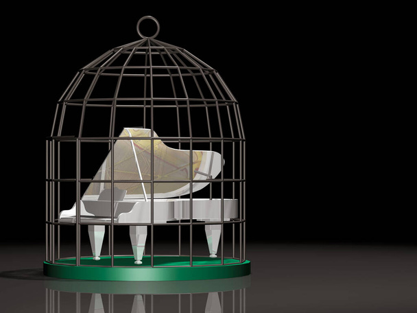 Piano à queue blanc musical sur une cage à oiseaux. 3D, illustration. - Photo, image