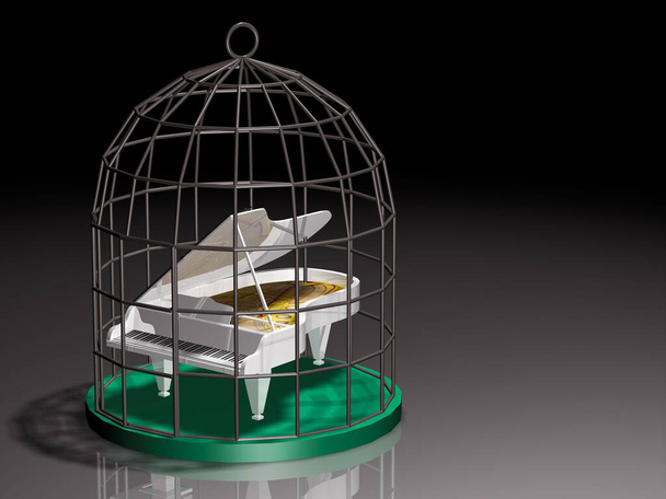 Musical white Grand piano on a birdcage. 3D, illustration. - Fotoğraf, Görsel