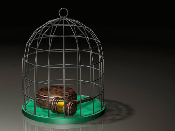 Martello della giustizia su una gabbia per uccelli. 3D, illustrazione. - Foto, immagini