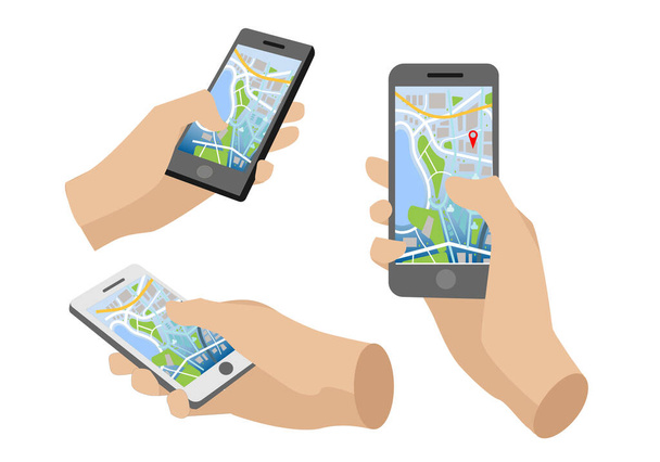 Teléfono móvil teléfono inteligente conjunto de pantalla con GPS, encontrar el punto de destino en la ilustración Vector capital - Vector, imagen