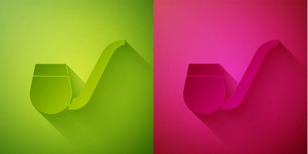 Paper cut Smoking pipe with smoke icon isolated on green and pink background. Tobacco pipe. Paper art style. Vector. - Vector, Image
