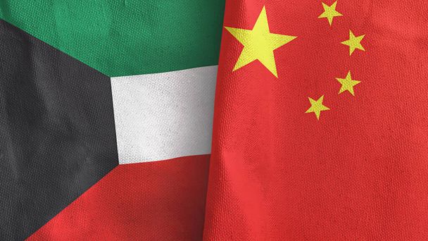 Китай и Кувейт два флага текстильная ткань 3D рендеринг - Фото, изображение
