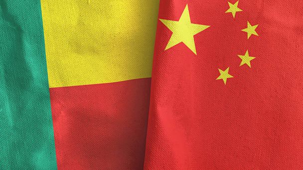 Chine et Bénin deux drapeaux tissu textile rendu 3D - Photo, image