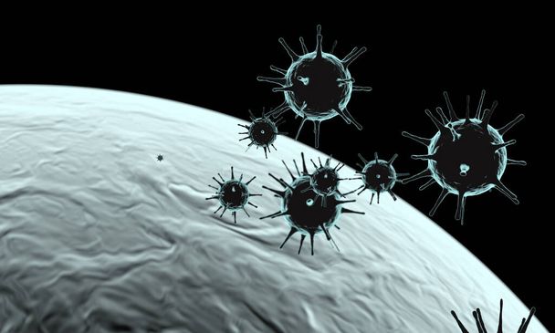 Viren greifen Zellen und die Menschheit an, globales Pandemiekonzept 3d rendere - Foto, Bild