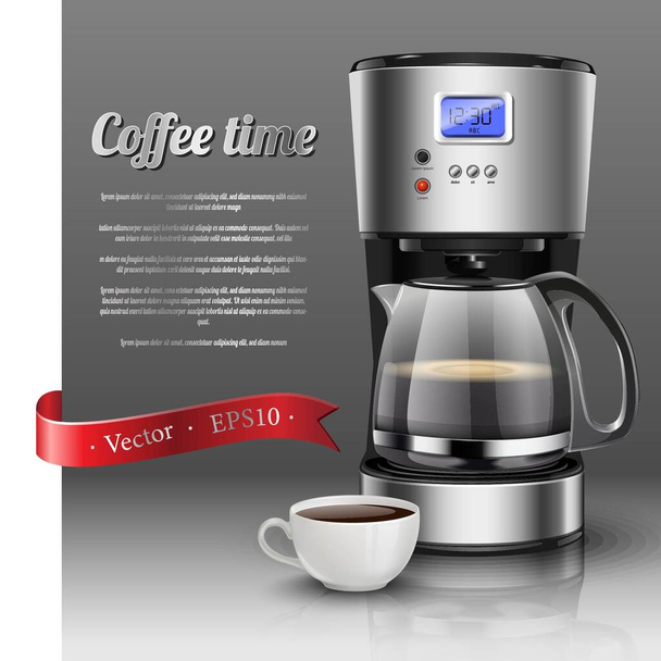 3d realistic vector illustration of American drip coffee machine with coffee cup. Isolated icon of coffee maker for filter coffee on grey background. - Vecteur, image