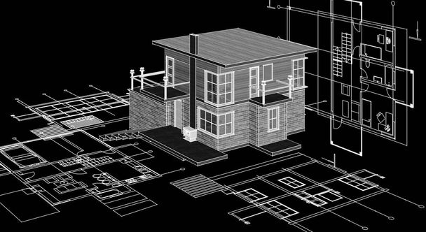fachadas plano de la casa bosquejo arquitectónico 3d ilustración - Foto, Imagen