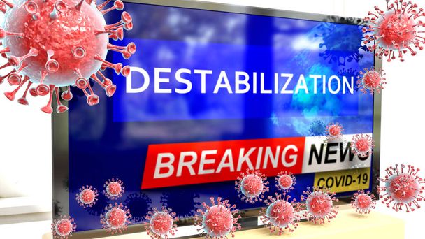 Covid, destabilisatie en een tv-set tonen het laatste nieuws - afgebeeld als een tv met corona destabilisatie nieuws en dodelijke virussen rond aanvallen, 3D-illustratie - Foto, afbeelding