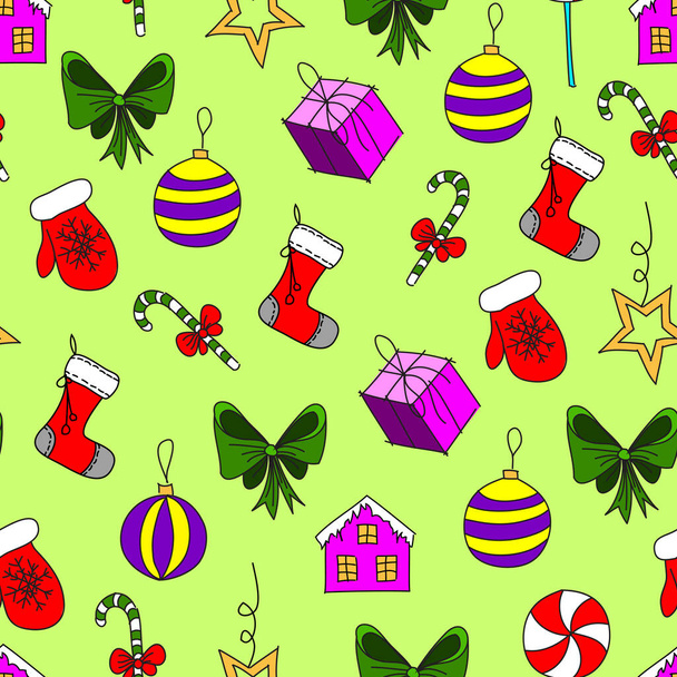 Colorful christmas seamless texture with the Christmas objects made in the hand painted style. - Vector, Image