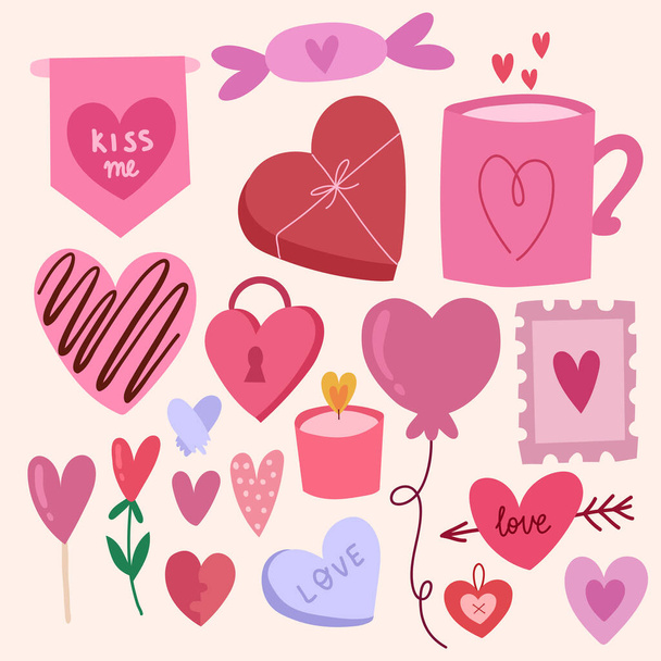 Set of hearts for valentines day,cute love illustration. The 14th of February. All elements are isolated.Hand drawn vector design. - Вектор,изображение