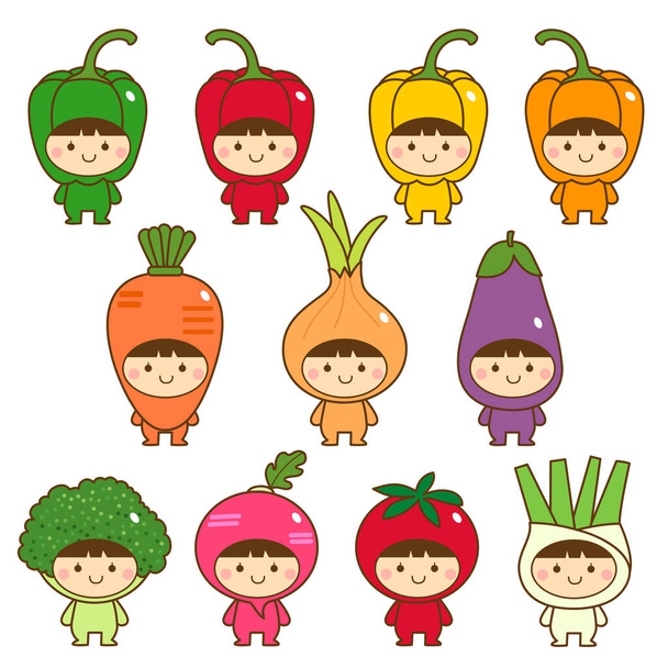 Set di bambini in costumi di verdure carino - Vettoriali, immagini