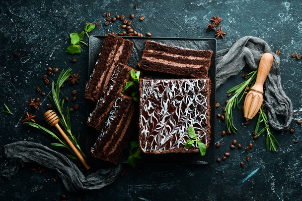Brownie chocolate cake. Sweet pastries and dessert. Top view. - Zdjęcie, obraz