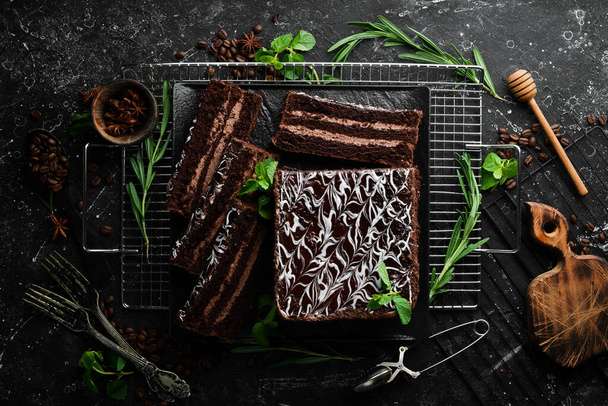 Brownie chocolate cake. Sweet pastries and dessert. Top view. - Photo, Image