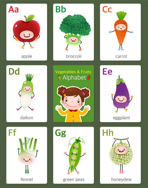Flashcard imprimível Alfabeto inglês de A a H com frutas e legumes - Vetor, Imagem