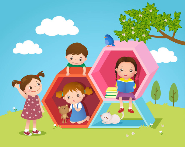 Kids playing and reading with hexagon shaped in the yard - Vector, Image