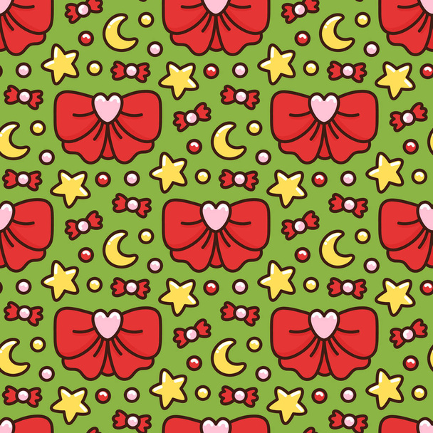 Cute seamless pattern with Christmas symbols: red bow, candy, stars, moon. It can be used for packaging, wrapping paper, textile and etc. - Vettoriali, immagini