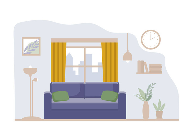 Εσωτερικό ενός σύγχρονου σαλονιού. Διαμέρισμα με ένα άνετο καναπέ, λάμπα δαπέδου, ράφια με βιβλία και λουλούδια στο σπίτι σε μια κατσαρόλα. Πίνακες και ρολόγια. Μεγάλο παράθυρο με κουρτίνες. Επίπεδη διανυσματική απεικόνιση - Διάνυσμα, εικόνα