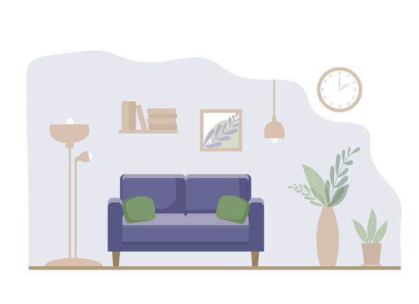 Sisätilojen moderni olohuone. Huoneisto kodikas sohva, lattiavalaisin, hyllyt kirjoja ja kodin kukkia potin. Maalauksia ja kello seinällä. Tasavektorin kuva - Vektori, kuva