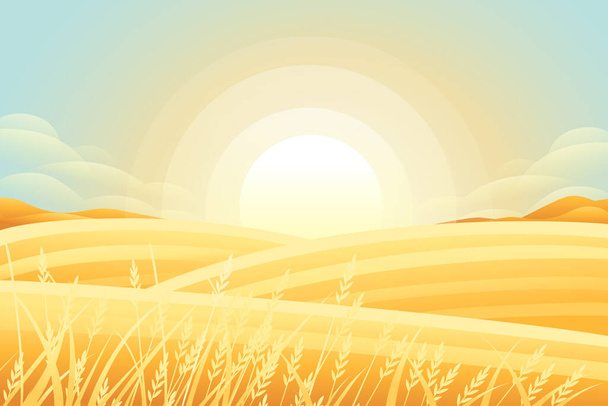 Tepeler ve dallar ile kırsal sabah manzarası tahıl düz vektör illüstrasyonu ile tarım alanları. - Vektör, Görsel