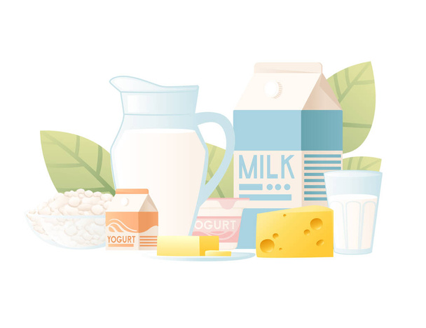 Εικονογράφηση με το γάλα και το γιαούρτι πακέτο δημιουργικού σχεδιασμού πλαστικό και χαρτόνι πακέτο με πράσινα φύλλα επίπεδη διανυσματική απεικόνιση. - Διάνυσμα, εικόνα