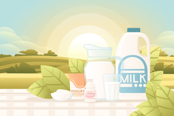Farklı yoğurt ve süt paketi süt ürünü sunumu tarımsal alanda düz vektör çizimi ve arka planda güneşli bir gün - Vektör, Görsel
