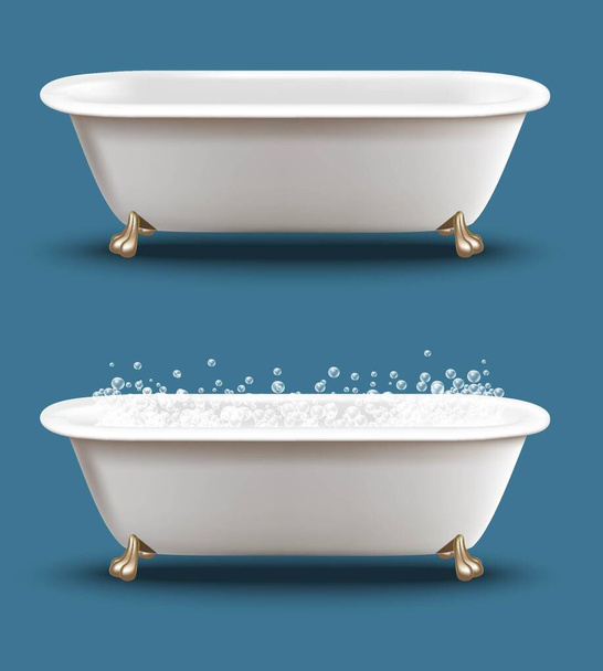 Трехмерная векторная ванна с мыльными пузырями и шампунем. - Вектор,изображение