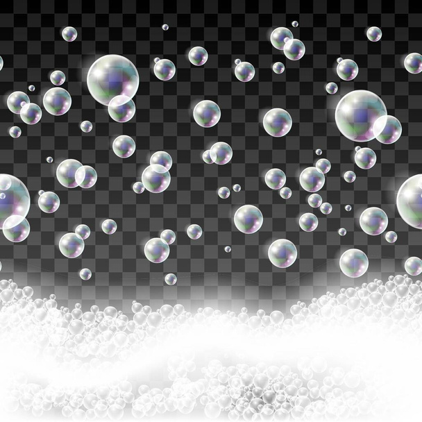 Изолированный 3d реалистичный векторный бесшовный рисунок с мыльными пузырями и пеной для шампуня. - Вектор,изображение