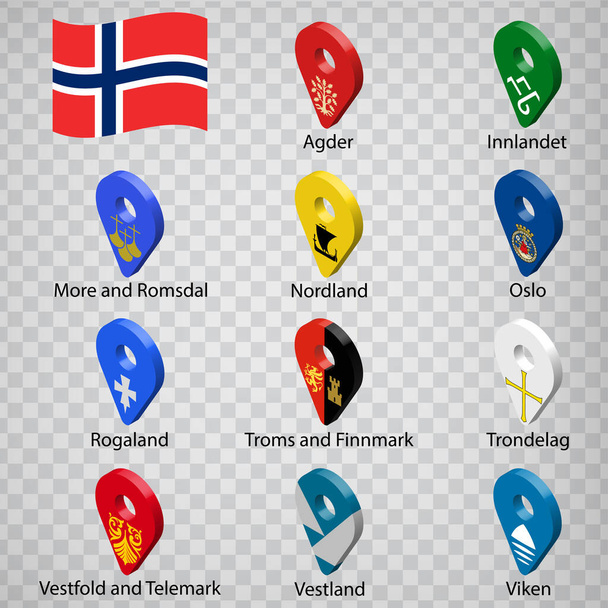 Undici bandiere delle contee di Norvegia - ordine alfabetico con il nome. Serie di segni di geolocalizzazione 3d come bandiere Regioni di Norvegia. Cinque segni di geolocalizzazione 3d per il vostro progetto. EPS10 - Vettoriali, immagini