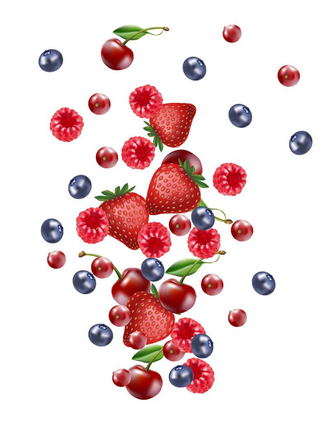 3d реалистичный вектор падения смесь фруктов ягоды баннер, изолированный на белом фоне. - Вектор,изображение