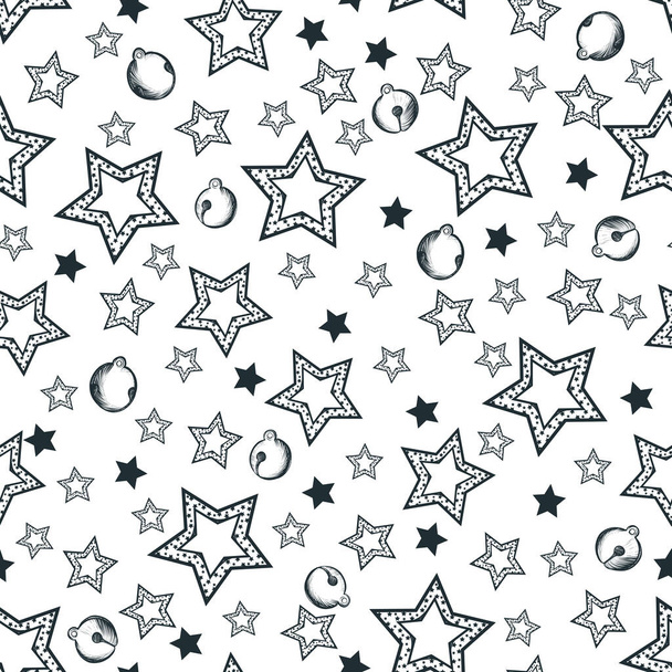 Happy New Year. Vector illustration,stars, bells,background white, handmade,card for you,prints on T-shirts,seamless pattern - Vecteur, image