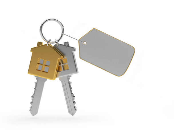 Set de llaves en forma de casa doradas y plateadas con etiqueta en blanco aislada en blanco. Ilustración 3D - Foto, imagen