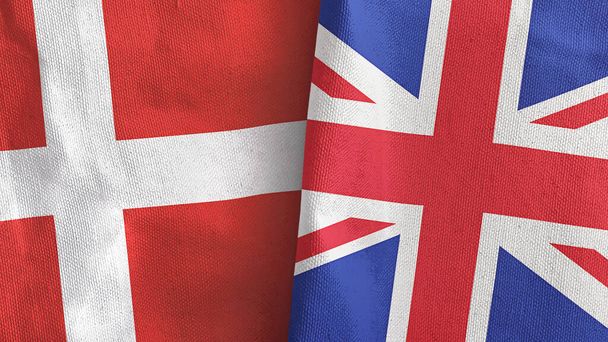 Yhdistynyt kuningaskunta ja Tanska kaksi lippua tekstiilikangas 3D renderöinti - Valokuva, kuva