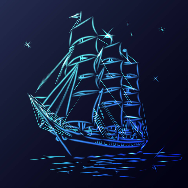 Zeilschip of boot in de oceaan in inkt lijn stijl. Met de hand geschetst jacht. Mariene thema ontwerp. - Vector, afbeelding