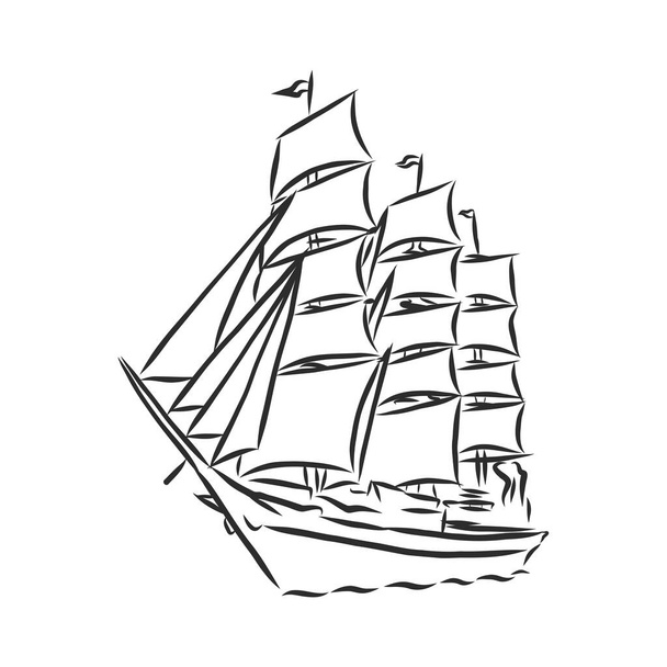 Sailing ship or boat in the ocean in ink line style. Hand sketched yacht. Marine theme design. - Vector, Image