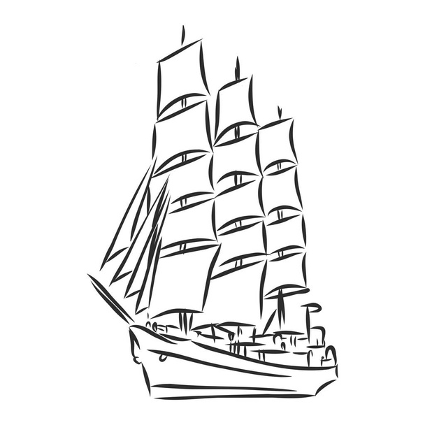 Sailing ship or boat in the ocean in ink line style. Hand sketched yacht. Marine theme design. - Vector, Image