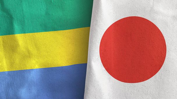 Japani ja Gabon kaksi lippua tekstiilikangas 3D renderöinti - Valokuva, kuva