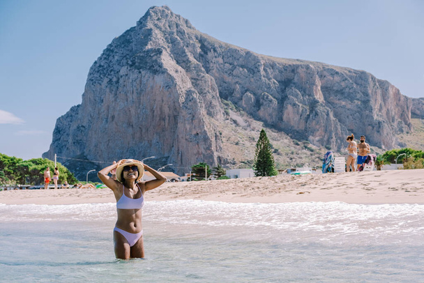 San Vito Lo Capo Sicily, San Vito lo Capo beach and Monte Monaco in background, north-western Sicily - Zdjęcie, obraz
