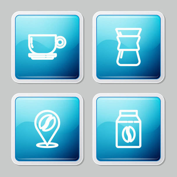 Establecer línea taza de café, Vierta sobre la cafetera, Ubicación con frijoles y granos de bolsa icono. Vector - Vector, imagen