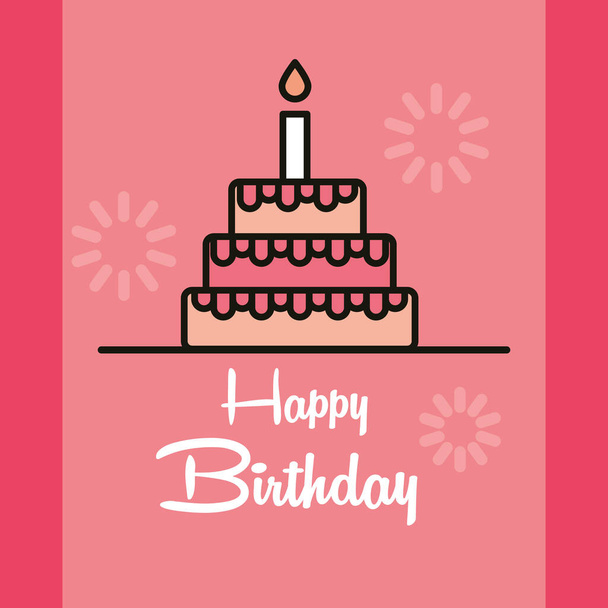 happy birthday handwritten text and cake with candle card - Вектор,изображение