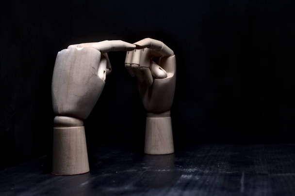 Two forefingers of two wooden hands that touch themselves - Foto, Imagen