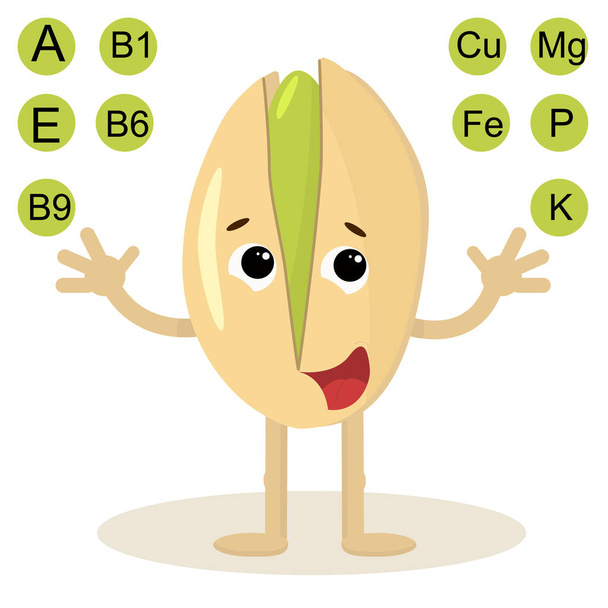 illustration of a funny pistachio showing the vitamins and minerals in the nut, the concept of the benefits of eating - Vector, Image