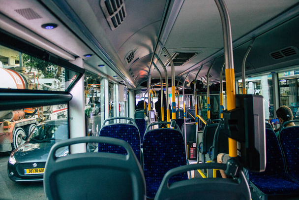 Tel Aviv Israel December 02, 2020 Inside an Israeli public bus driving through the streets of Tel Aviv during the lockdown and Coronavirus outbreak to enforce containment of the population - 写真・画像
