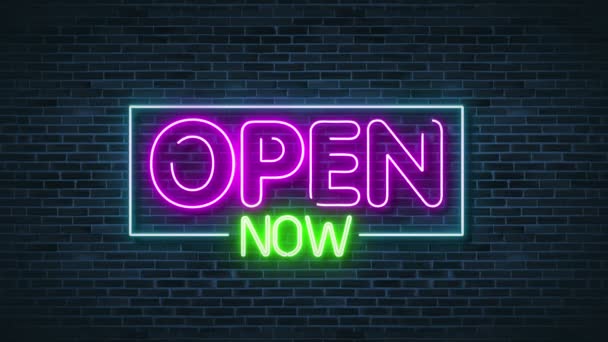 open nu Neon Glowing Sign on brick wall.4K video - Video