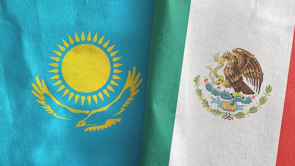 Mexico en Kazachstan twee vlaggen textiel doek 3D rendering - Foto, afbeelding
