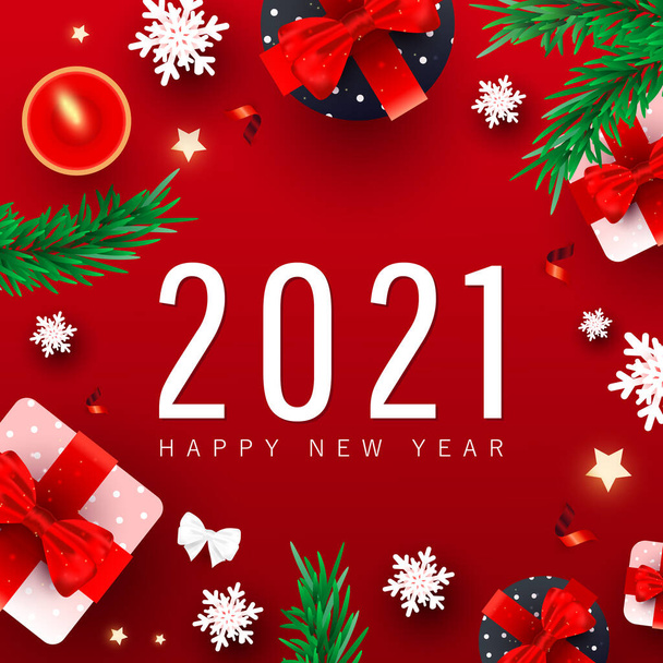 Gelukkig Nieuwjaar achtergrond met nummers datum 2021. Kerstcadeaus doos, feestelijke decoratieve sneeuw, dennen en vuur kaars op rode achtergrond. Vlakke lay, bovenaanzicht. - Vector, afbeelding