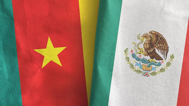 Mexico en Kameroen twee vlaggen textiel doek 3D rendering - Foto, afbeelding