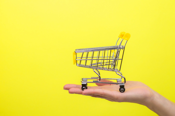 Malý nákupní vozík v ženské ruce na žlutém pozadí - Fotografie, Obrázek