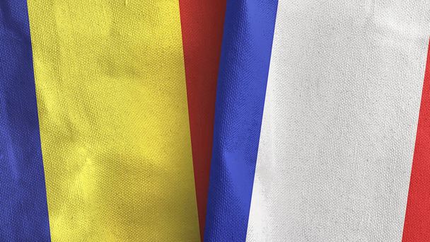 Ranska ja Romania kaksi lippua tekstiilikangas 3D renderöinti - Valokuva, kuva